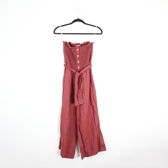 Faithfull the Brand Size S 100% Linen Lais Wide Leg Crop Jumpsuit Strapless - Picture 2 of 10